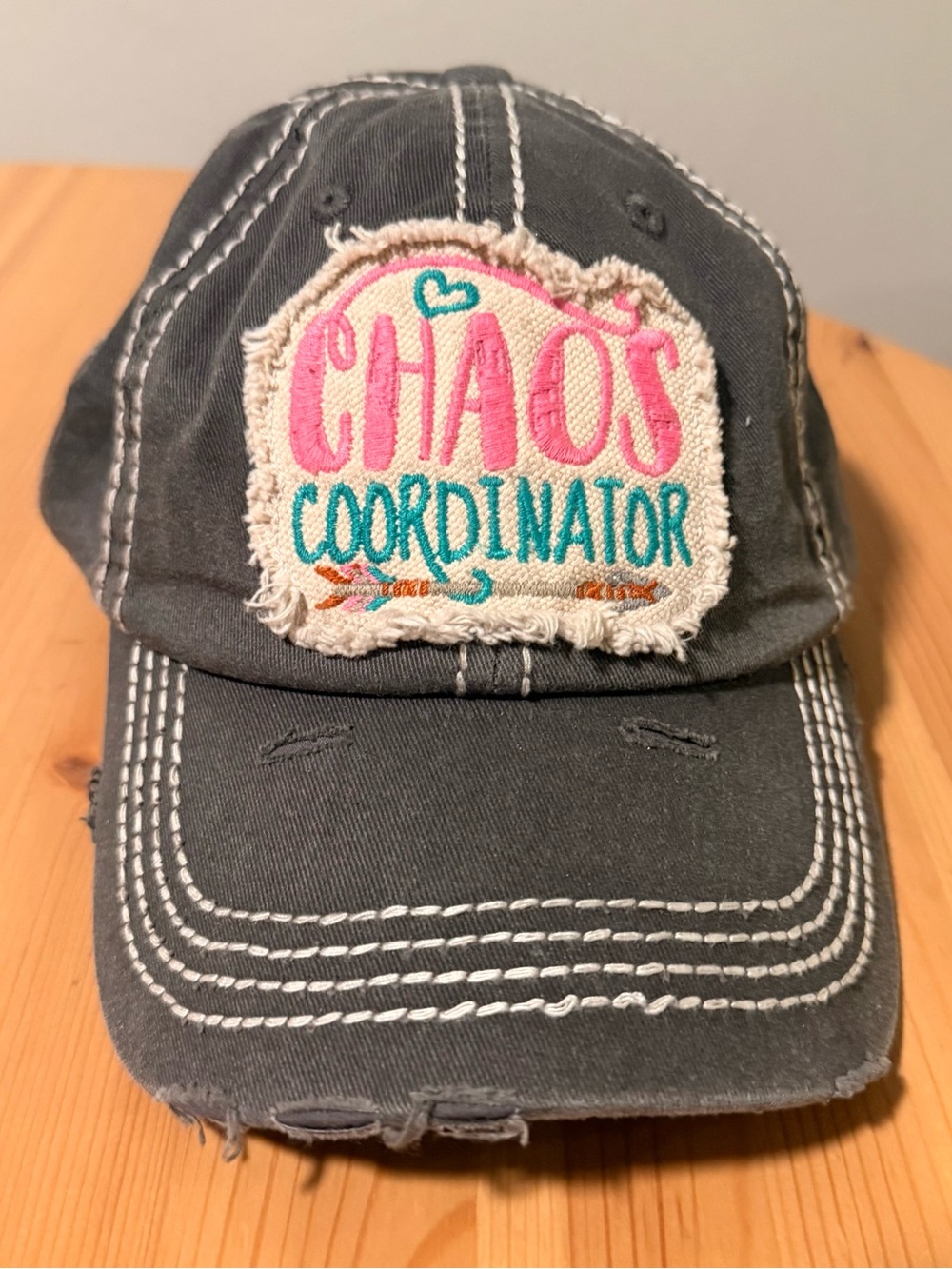 KBETHOS Gray Distressed Hat with Pink & Teal Patch - "Chaos Coordinator"